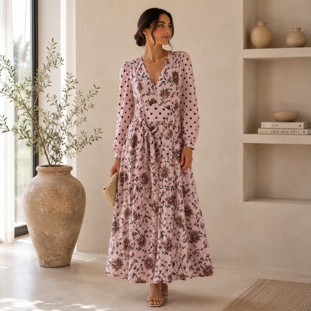 CATH KIDSTON Forever Button-Through Tea Maxi Dress Pale Pink Floral Sz 12 {3Q7}
